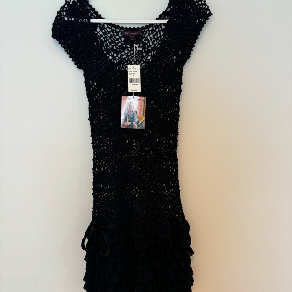 NWT Betsy Johnson Black Crochet Dress with Ruffle Skirt
